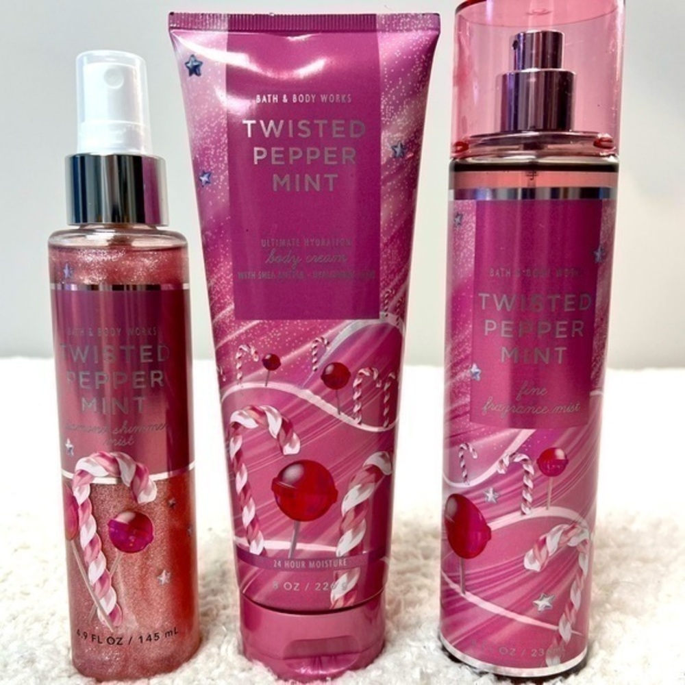 Bath & Body Works "Twisted Peppermint" Body Creme, Frag. Mist & Diamond Shimmer